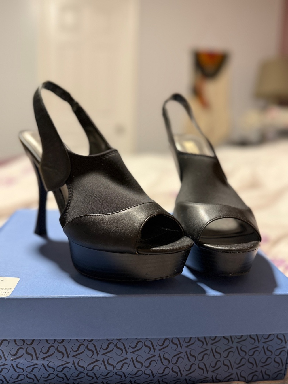 Simply Vera - Vera Wang Black Peep-Toe Platform Slingback 4” Heels